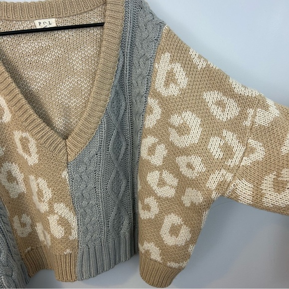 POL Leapard Print/Color Block Cable Knit Deep V-neck Oversized Sweater Size M - Picture 9 of 13
